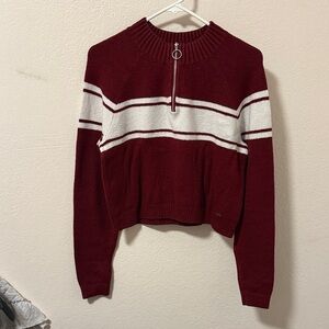 Hollister Burgundy and White Crew Neck Sweater